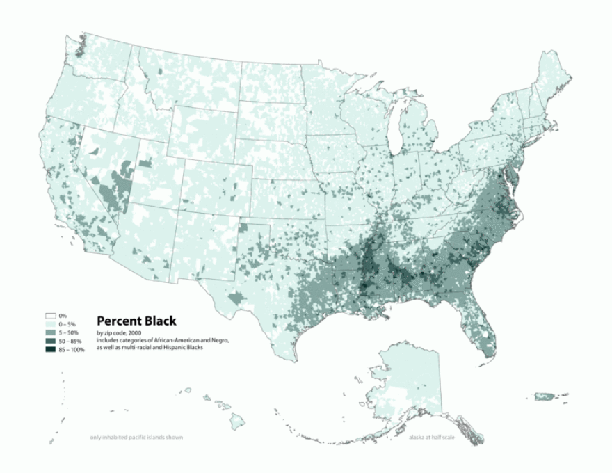 Map of contiguous U.S., showing percentage of population self-reported as "black," by census tract, 2000.