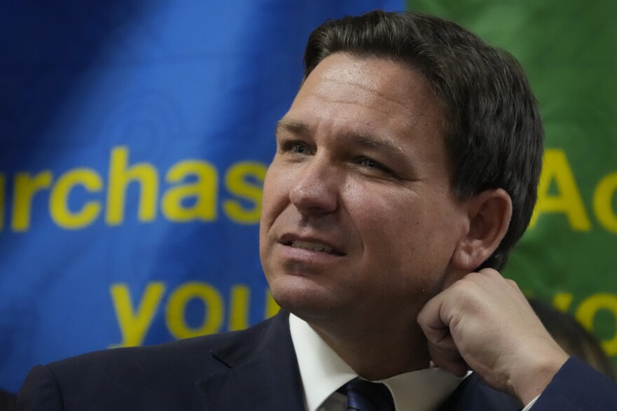 Florida Gov. Ron DeSantis during a press conference announcing expanded toll relief for Florida commuters, Wednesday, Sept. 7, 2022, in Miami, Fla.