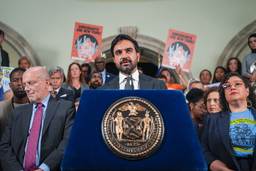 New York City Mayor Zohran Mamdani speaks during an announcement of a lawsuit filed by New York and 21 other states challenging the federal government's new public charge rule, on Monday, Sept. 14, 2026, in New York. (AP Photo/Ryan Murphy)