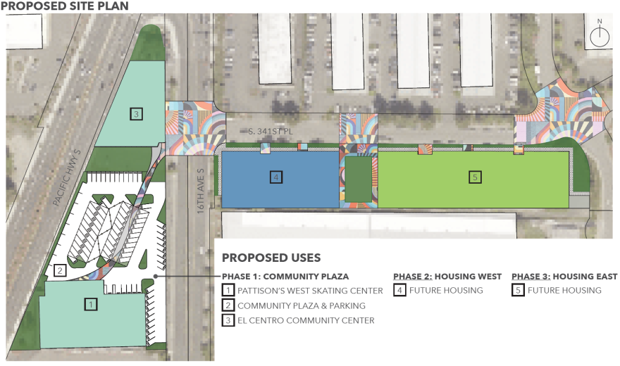 An architecture firm's rendering shows the proposed community campus overlaid on a satellite map. It lists three phases for the proposed site plan starting with the community plaza, then in later phases adding future housing.