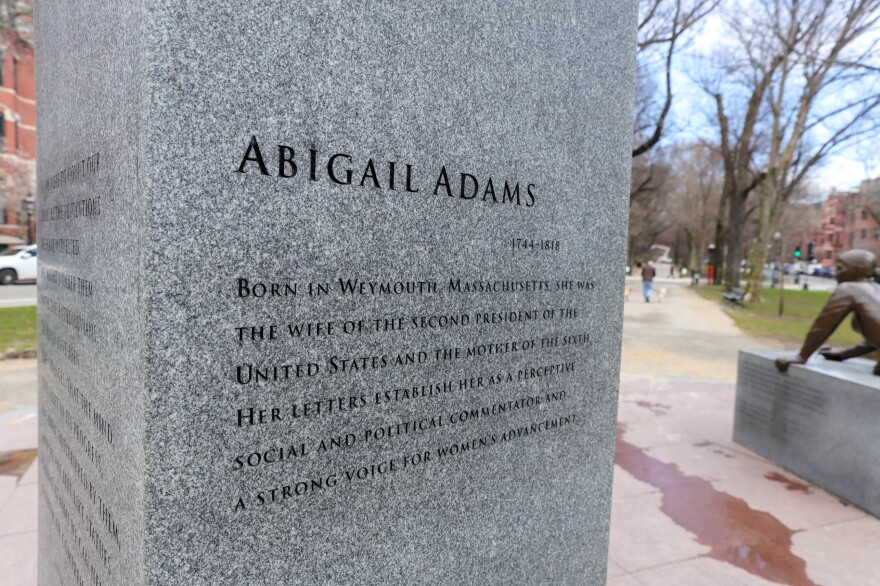 The engraving on a granite stone honors Abigal Adams at the Women's Memorial on Commonwealth Avenue in Boston Massachusetts on Tuesday, April 7, 2026.