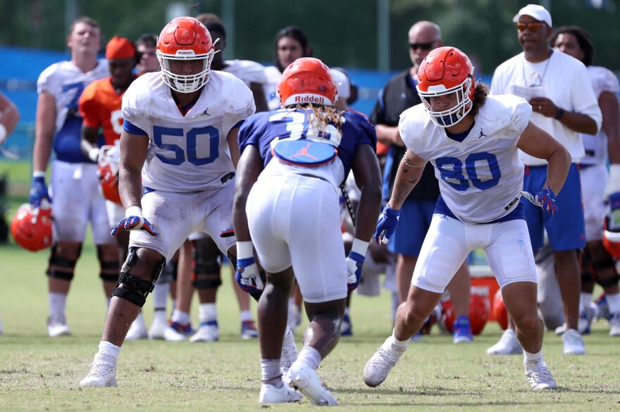 Florida Gator’s Kaleb Boateng (50), a redshirt sophomore, practices with the team in 2021, in Gainesville, Fla. Boateng was found dead Thursday, Feb. 10, 2023, from a apparent gunshot wound at an apartment a few blocks west of campus. (University Atlantic Association/Contributed to Fresh Take Florida)