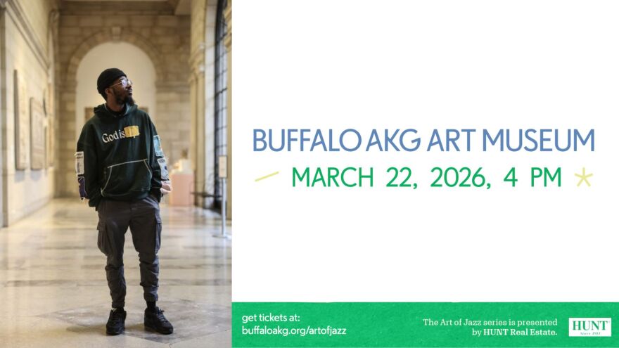 on the left: photo of Joel Ross. On the right: Buffalo AKG logo, date and time of performance, and HUNT real estate sponsor logo
