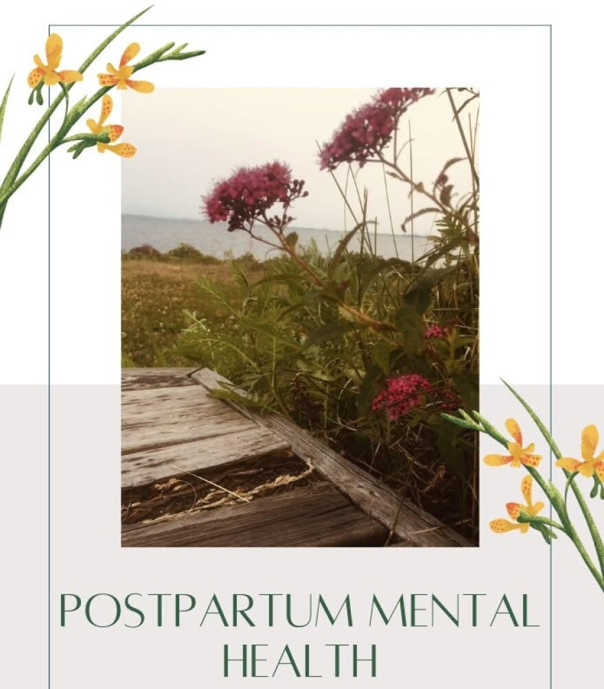 Image of summer plants near a body of water; "POSTPARTUM MENTAL HEALTH" in caps below