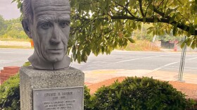 A bust of journalist Edward R. Murrow, commissioned by Greensboro civil rights attorney J. Kenneth Lee in 1971, is on display in the Mary Lynn Richardson Park next to the Greensboro History Museum. Image Courtesy Glenn Perkins of Greensboro History Museum