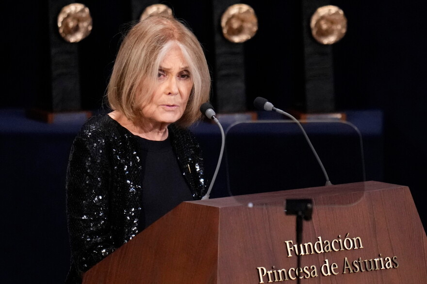 FILE - Gloria Steinem speaks during the 2021 Princess of Asturias Awards ceremony in Oviedo, northern Spain, Oct. 22, 2021.