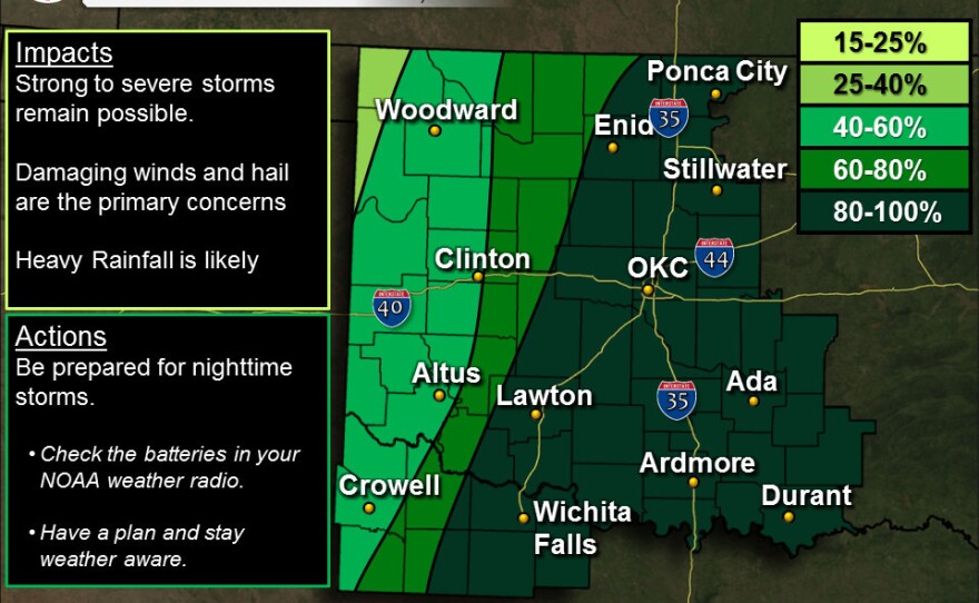 Strong to severe storms will remain possible Monday night into early Tuesday morning, as a line of storms moves eastward across the region. Damaging wind gusts and hail will be the primary hazards. Be prepared for nighttime storms.