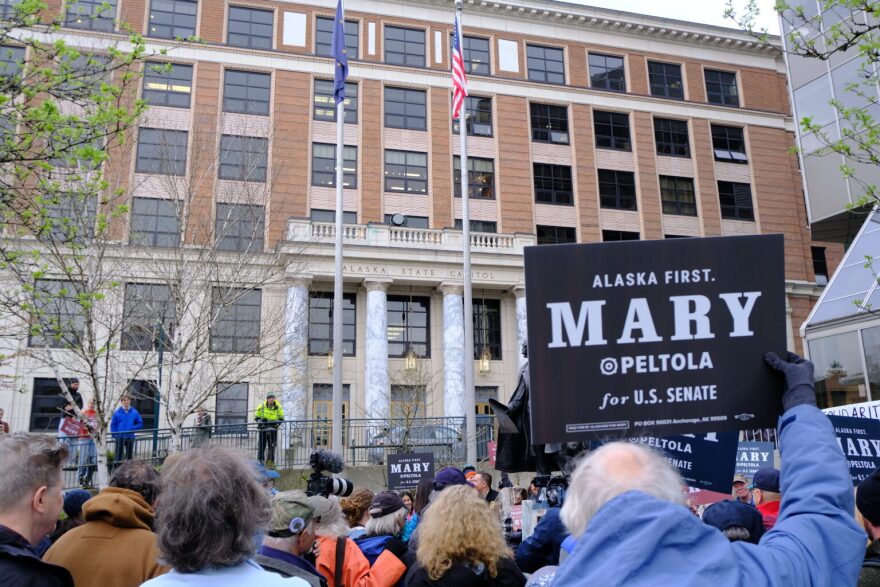 Supporters rally at the Alaska State Capitol in Juneau for Mary Peltola for U.S. Senate on May 14, 2026.