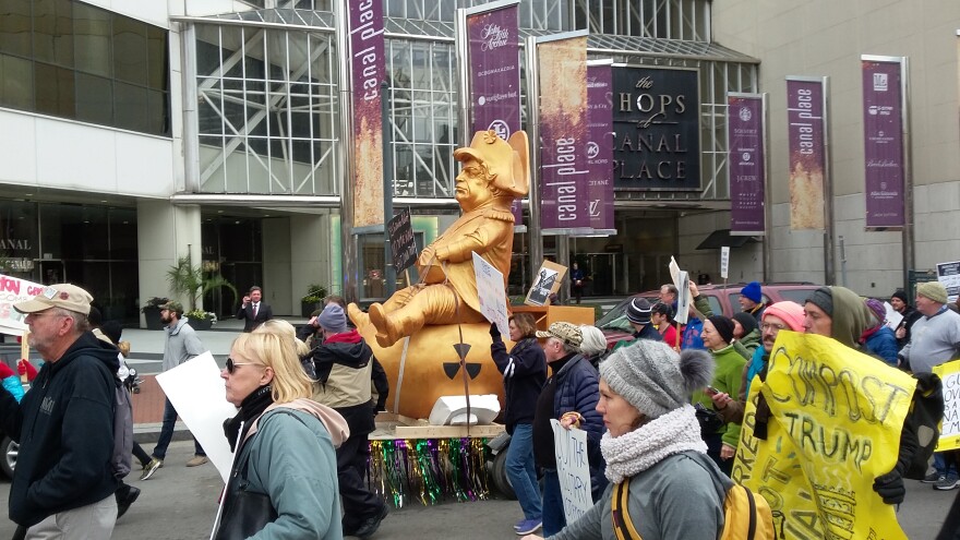 Brent Barnidge made this float for Mardi Gras in mind, but decided to use it on the day President Trump came to New Orleans for the Farm Bureau convention.