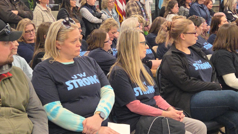 Dozens of J.W. Smith Elementary supporters attended the special meeting of the Bemidji Area Schools Board of Education on March 2, 2026, wearing "J.W. Strong" t-shirts.