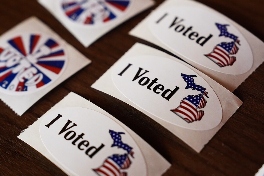 A close-up view of "I Voted" stickers on primary election day at the Baldwin Public Library, Tuesday, Aug. 4, 2026, in Birmingham, Mich. 