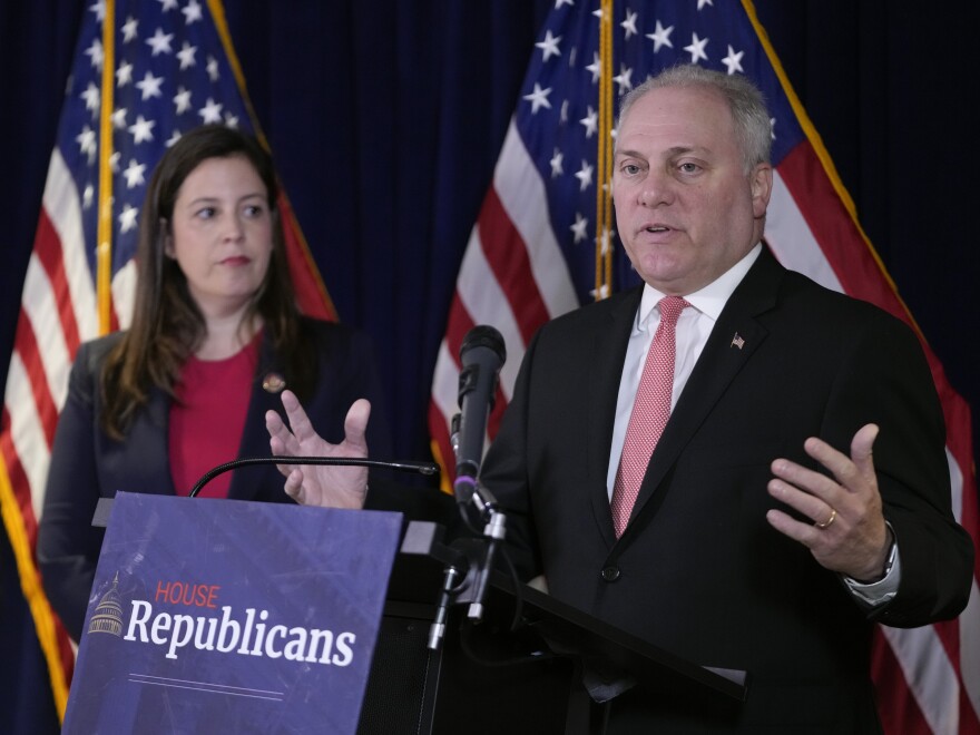 House Majority Leader Steve Scalise of Louisiana speaks at a House Republican Conference news conference in Washington on May 23.