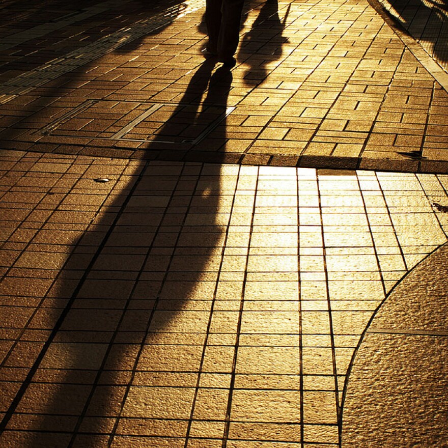 Shadow of person walking on sidewalk. 