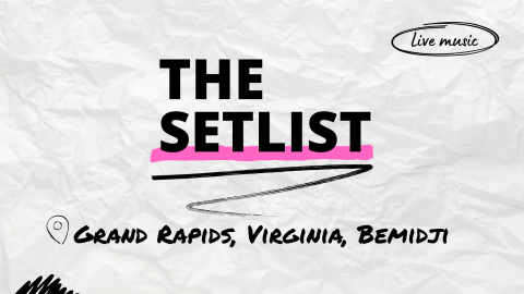 "The Setlist" and "Grand Rapids, Virginia, Bemidji" written over a crumpled paper background.