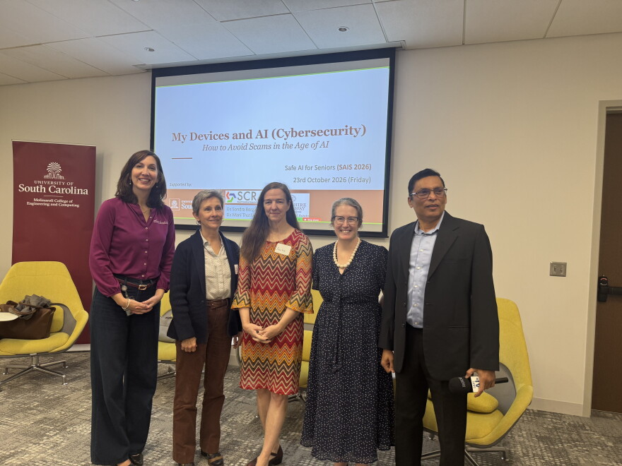 Panelists Carri Grube Lybarker (SC Department of Consumer Affairs), USC Professor Csilla Farkas (Computer Science and Engineering), Judge Barbara Wofford-Kanwat and Mangal Kumar (AgFirst Bank) speak at the University of South Carolina’s AI Institute’s 2026 Safe AI for Seniors full-day workshop.
