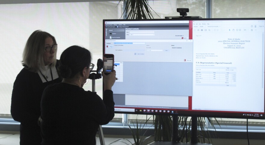 Alaska Division of Elections officials are shown during an Aug. 31, 2022, livestream of the results of a U.S. House special election. The contest won by Democrat Mary Peltola was the first statewide ranked choice vote election in Alaska under an initiative passed by voters in 2020.