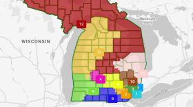 map of Michigan divided into a grid and then 13 differently-colored districts.