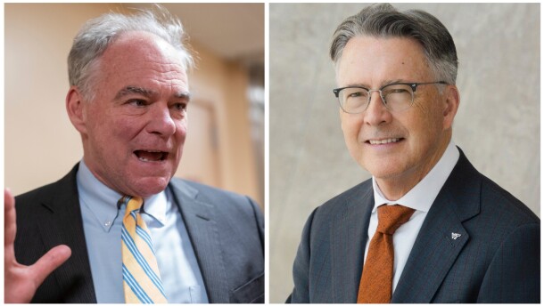 Senator Tim Kaine and Virginia Tech president Timothy Sands.