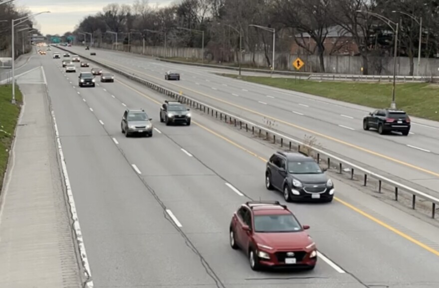 Sparse traffic is shown on Interstate 590 southbound at Elmwood Avenue just before 4 p.m. Monday, April 8, 2024 after the total solar eclipse.
