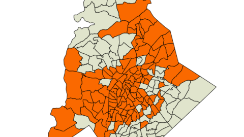 Areas in orange voted for Mecklenburg County's transportation plan and a higher sales tax. Areas in light grey voted no.