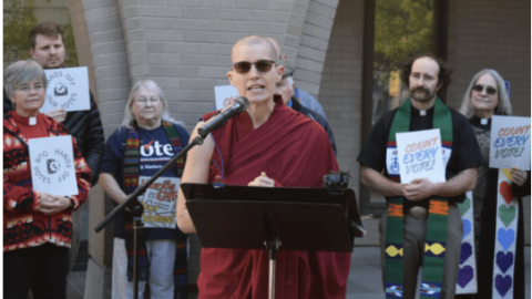 The Venerable Thubten Monlam speaks at a press conference in front of the Thomas S. Foley Federal Courthouse in Spokane, Wash., Oct. 6, 2026.
