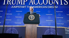 President Donald Trump speaks during the launch of a program known as Trump Accounts at the Andrew W. Mellon Auditorium, Wednesday, Jan. 28, 2026, in Washington. (AP Photo/Jose Luis Magana)