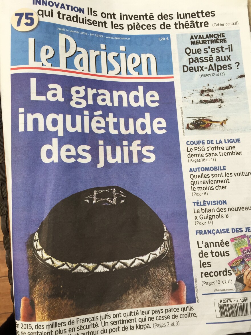 The cover of <em>Le Parisien </em>newspaper, headlined "The big worry of Jews," highlights the debate over whether Jewish men should stop wearing yarmulkes following recent attacks targeting Jewish people in France.