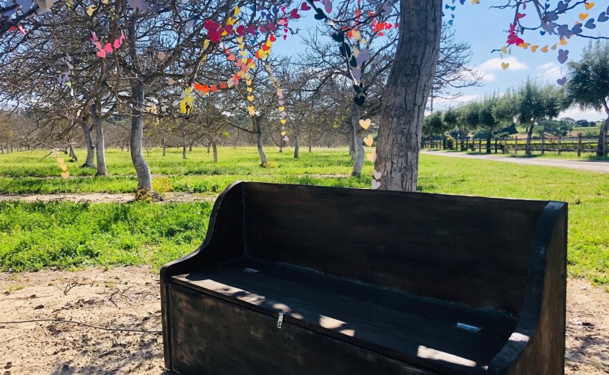 The bench underneath the tree encourages passersby to sit and reflect. "Each heart is not just one person, but a whole family connected to that one person who is gone," Guynn says.