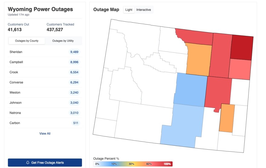 A map of Wyoming with much of central and eastern Wyoming colored to indicate power outages. 