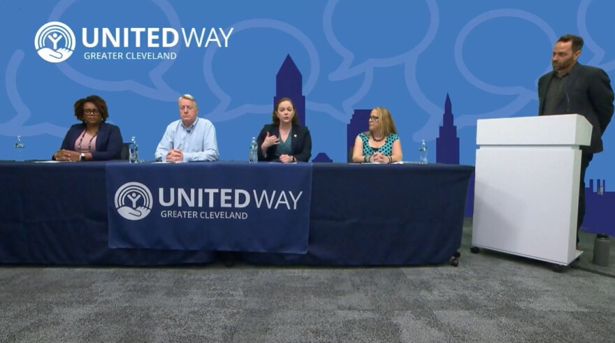 The United Way Community Conversation featured United Way's Michelle Snowden, Frontline Service's Rick Oliver, the City of Cleveland's Elizabeth Crowe, and Cuyahoga County's Brandy Carney, and was moderated by Ideastream's Matt Richmond. (left to right)