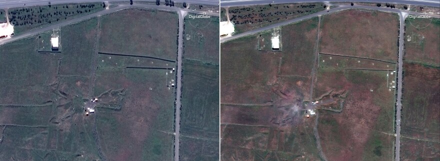 Satellite images appear to show another target at the Shinshar chemical weapons complex outside Homs before the missile attack (left) and the day of the attack (right).
