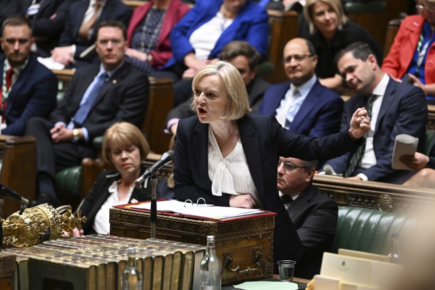 In this handout photo provided by UK Parliament, Britain's Prime Minister Liz Truss speaks during Prime Minister's Questions in the House of Commons in London, Wednesday, Oct. 19, 2022. (Jessica Taylor/UK Parliament via AP)