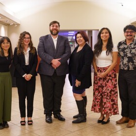 KUNR and KNPR journalists spoke about their collaborative housing series at UNR on Oct. 22 in Reno, Nevada, including Mariel Day (from left), Lucia Starbuck, Paul Boger, Vicki Adame, Maria Palma and Jimmy Romo.