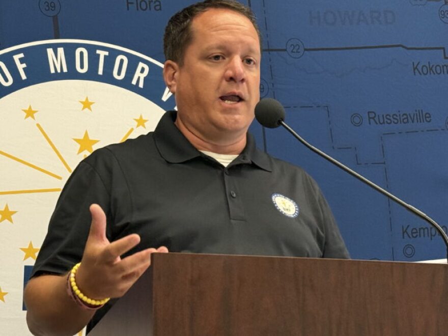 Indiana Bureau of Motor Vehicles Commissioner Kevin Garvey speaks during the unveiling of the state’s new blackout license plate on Monday, July 21, 2025, at the Indiana Government Center in Indianapolis.