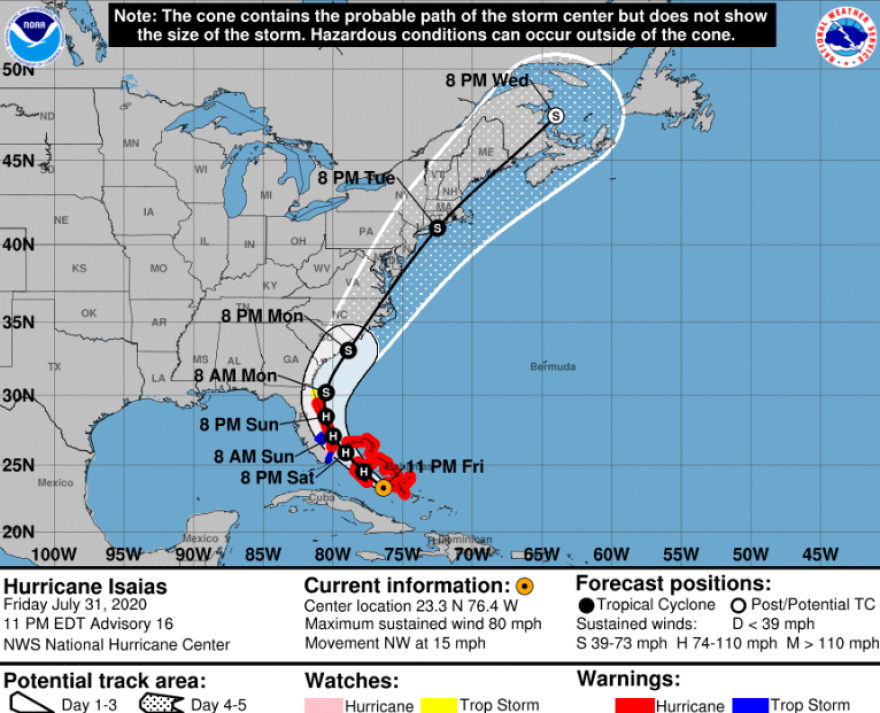 Forecast cone of Hurricane Isaias from July 2020.