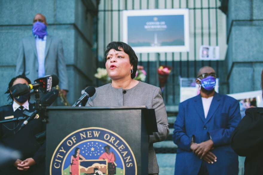  Mayor LaToya Cantrell speaks at a COVID-19 memorial event. Jan. 19, 2021.