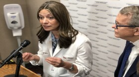 Dr. Amy Acton, with Gov. Mike DeWine alongside, talks to reporters before the statewide coronavirus summit.