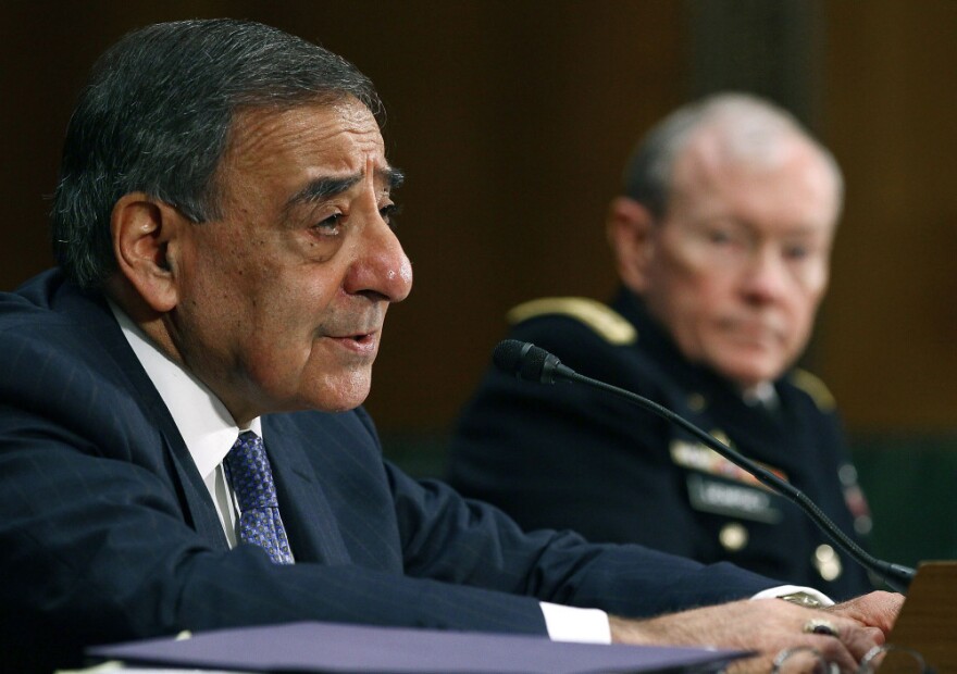 Defense Secretary Leon Panetta (L) and Chairman of the Joint Chiefs of Staff Gen. Martin Dempsey testify before the Senate Armed Services Committee.