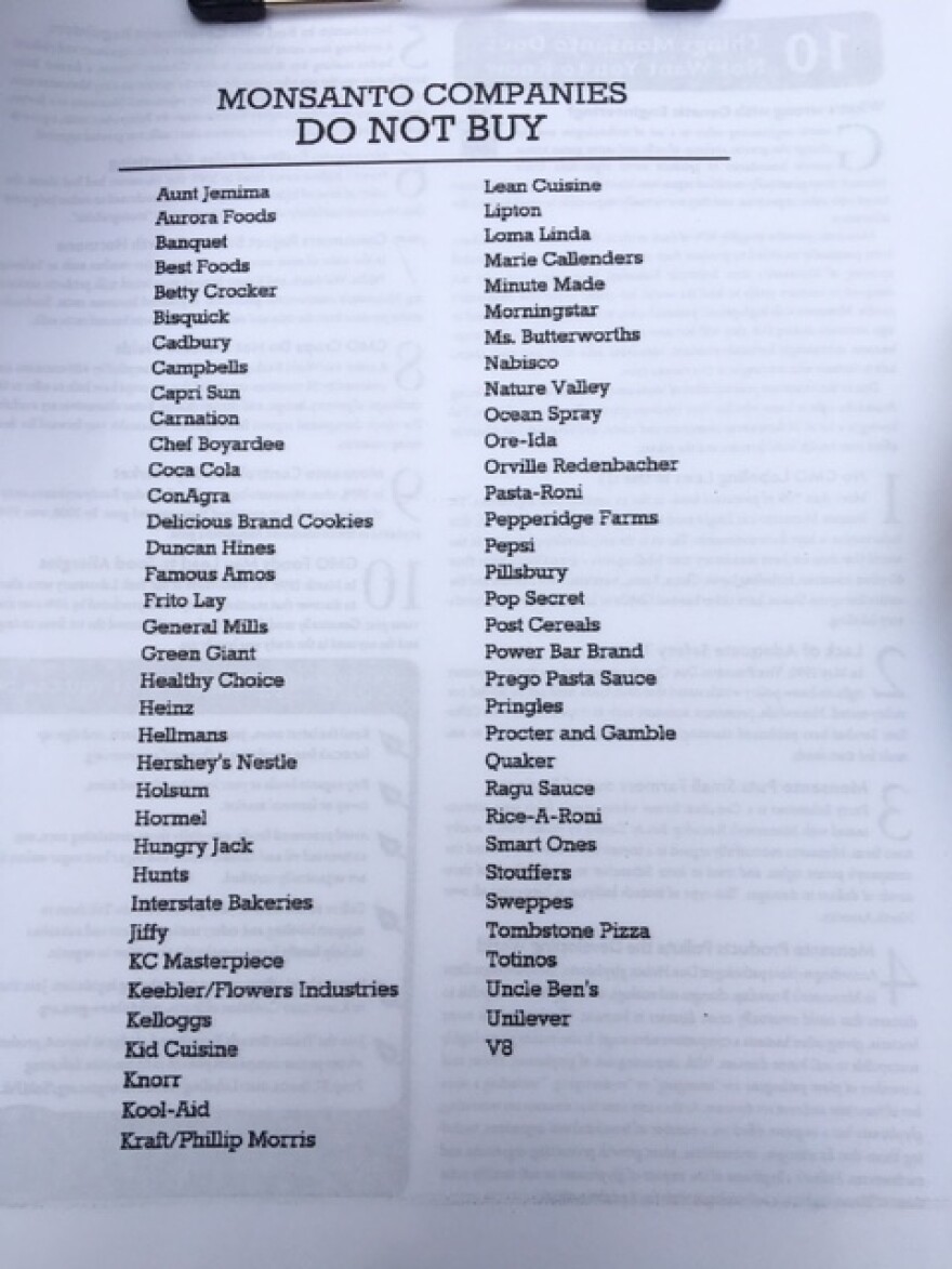 #MarchAgainstMonsanto activists handed out this list of what they claim are GMO products to avoid.