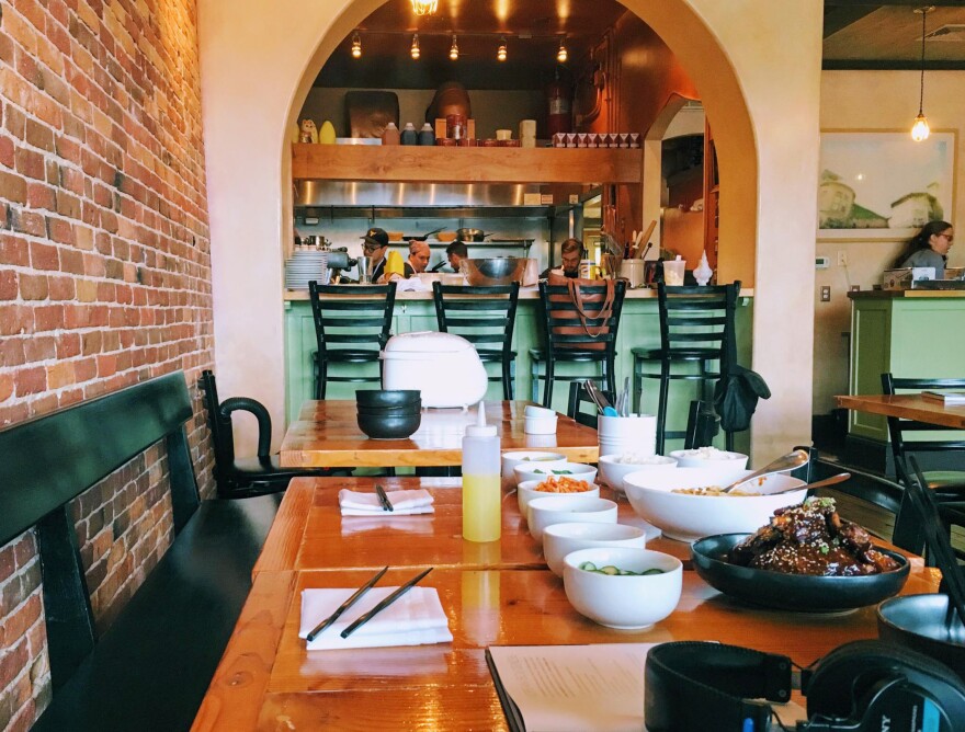 A view of the kitchen from the dining area at Coco and the Cellar Bar.