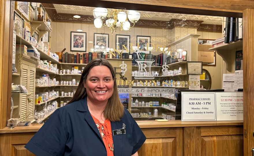 Cindy Dinger is the sole pharmacist in Wall, South Dakota, so when she needs time off, she finds a fill-in from Rapid City, nearly an hour’s drive away. (Arielle Zionts/KFF Health News)
