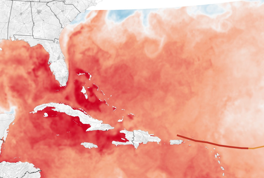 Map showing how warmer waters contributed to the intensity of Hurricane Irma