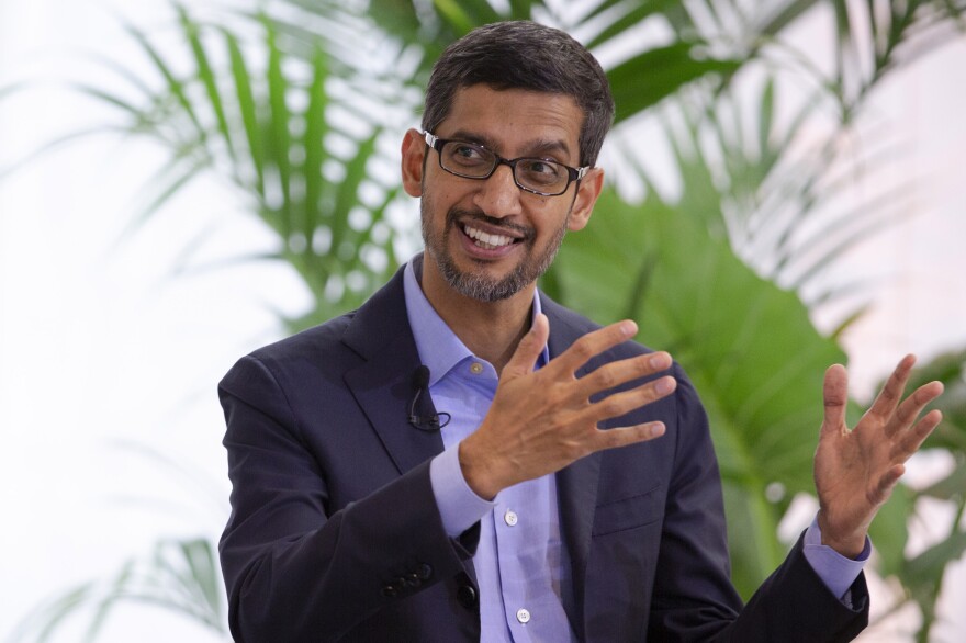 Google's chief executive Sundar Pichai addresses the audience during an event on artificial intelligence in June 2020.