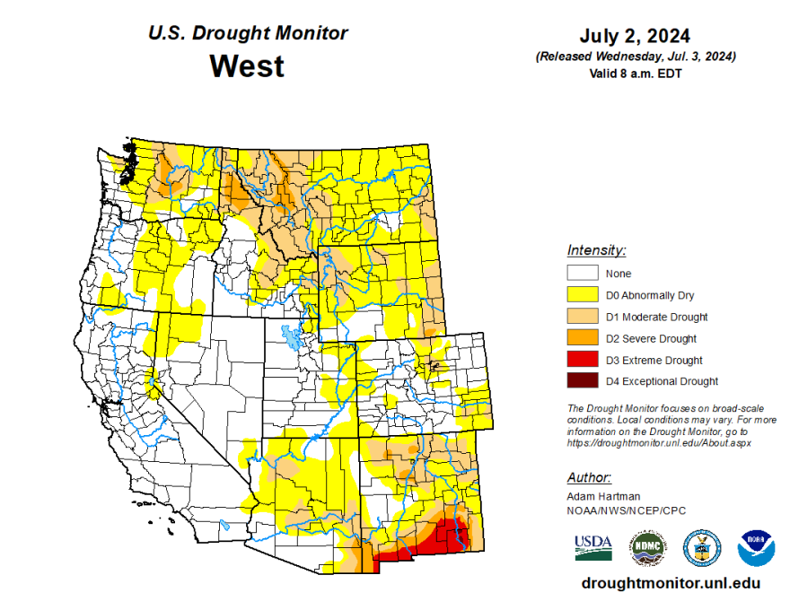 U.S. Drought Monitor Map from July 2, 2024 showing all but one county in Montana as at least "Abnormally Dry". All of western Montana is in "Moderate Drought" or "Severe Drought".