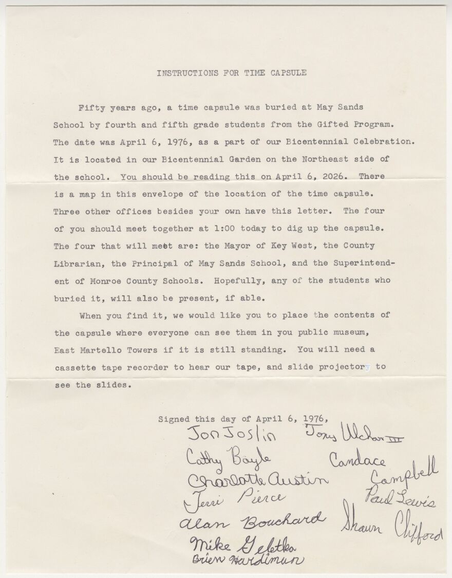 A letter of instructions from 1976 from the students of Key West's May Sands School