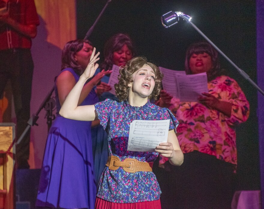 Breanna Lemerise as Carole King in Beautiful at Clear Space Theatre Company.