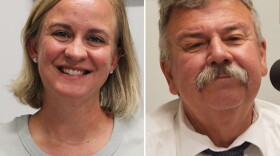 Side-by-side closeup of woman and man smiling. The woman is wearing a light colored top and the man in wearing a white dress shirt and blue tie.