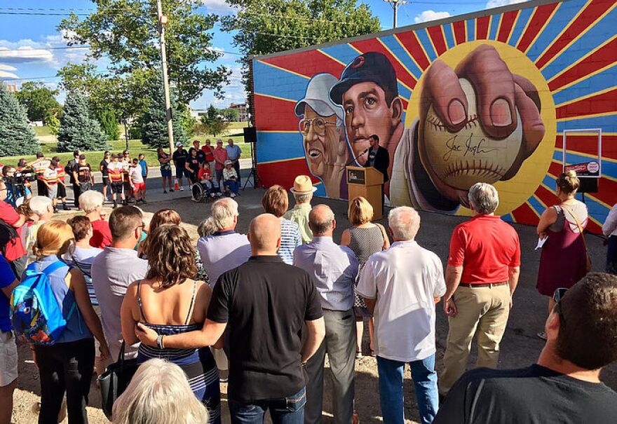 The "Left Hander for Life" mural was dedicated in 2017 on the side of Clark's Sporting Goods on South B Street in Hamilton.