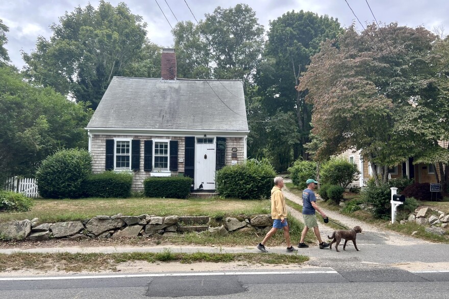 A cat painted on the front door of this historic half Cape on Route 6A in Yarmouth Port seems unperturbed by the dog walking by, Aug. 20, 2025.