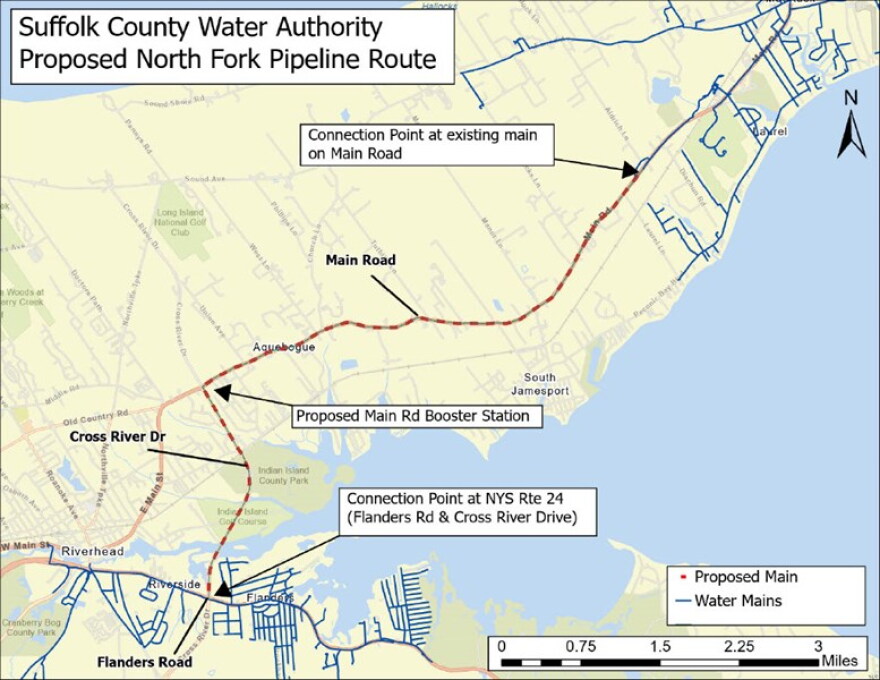 The Suffolk County Water Authority’s proposed North Fork water main project would bring aquifer water from the Flanders/Riverhead area to Southold through a 24-inch ductile iron pipe.